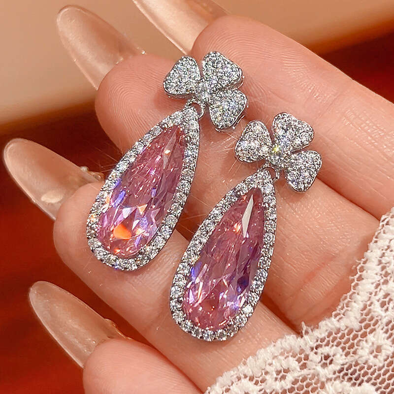New Jewelry Set Earrings Necklace Pink Zircon Paraiba Emerald Water Drop Shape Women's Fashion Light A54