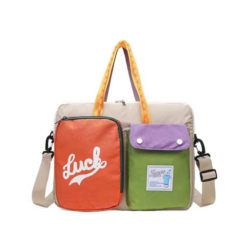 Womens niche color blocked cartoon pattern computer bag portable one shoulder handbag university style daily commuting bag