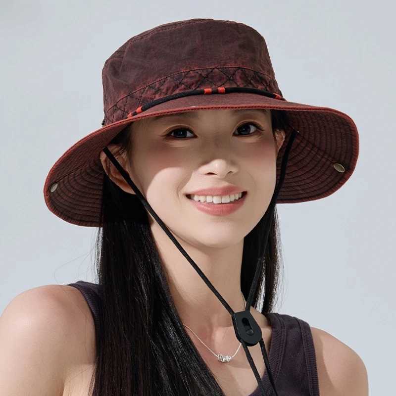 Japanese Retro Old Craft Drawstring Bucket Hats for Women Summer Outdoor Camping Sun Protection Mesh Breathable Hiking Caps for Men Y250707