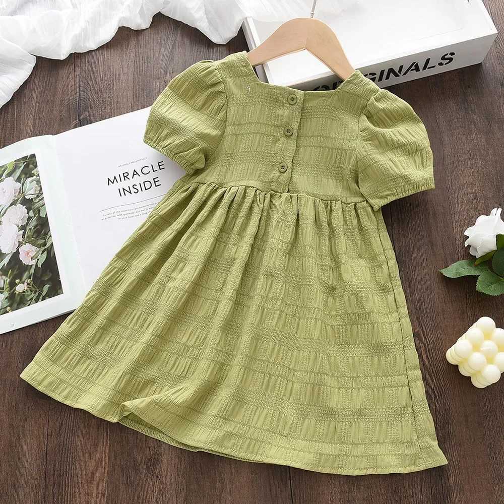 Girls Summer Fashion Puff Sleeve Square Collar Cute Princess Dress 1 Piece 2-7 Years Kids Solid Color Casual Clothing R250707