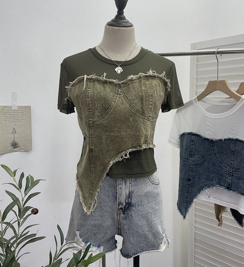 2025 Summer new women's T-shirt denim splicing niche short sleeved T-shirt summer fashion irregular high waist slim fit top new designer T-shirt