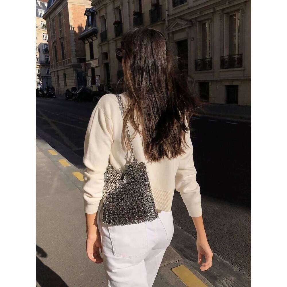 Women Woven Sequins Handbag Metal Chain Evening Hollow Out Purse Clutch Travel Holiday Shoulder Crossbody Bag