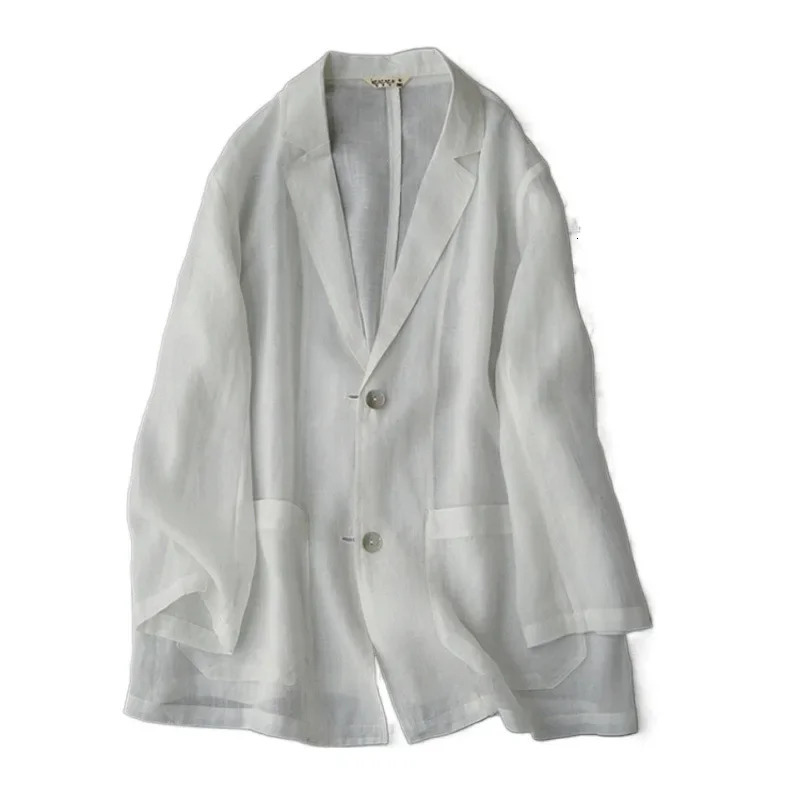 Spring Summer Womens Fine Flax Suit Jacket Casual Loose Long Sleeve Top Pure Color Outerwear Sun Protection Shirt 250625