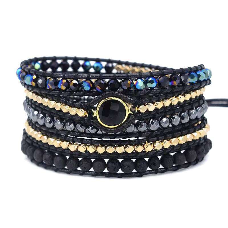 Adjustable Lava Stone Woven Vegan Bohemian Black Wax Rope Wrap Bracelet for Men and Women