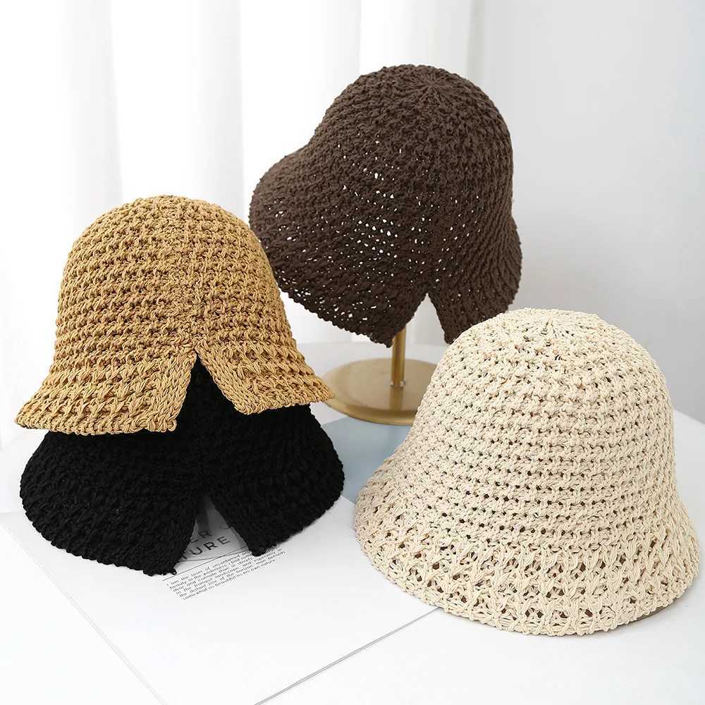 Korean Style Bucket Hat Women Summer Sun Protection Knitted Sun Hat Adjustable Foldable Beach Cap For Travel Spring Outdoor Y250707