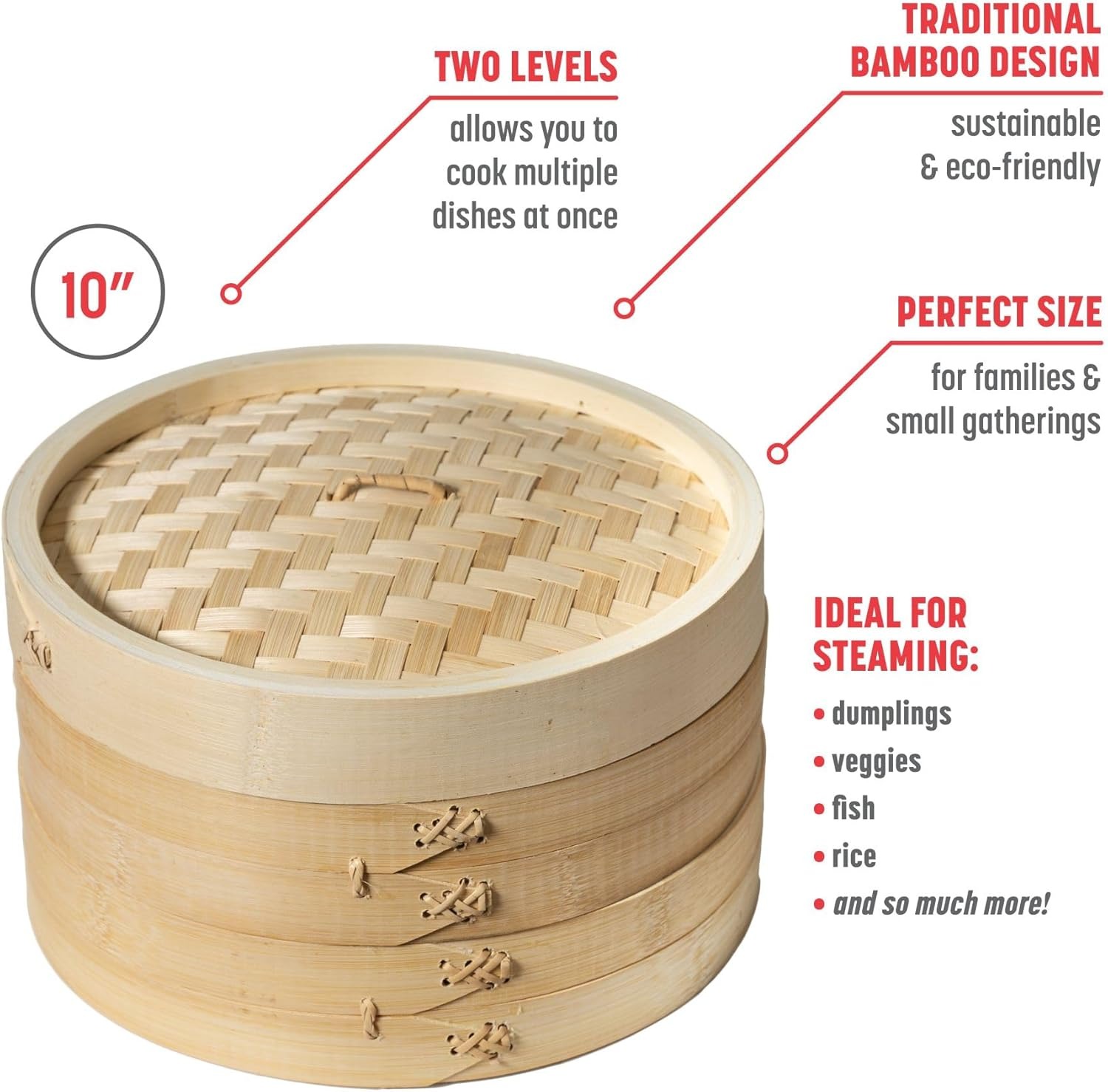 10 Inch 2-Tier Natural Bamboo Steamer - Reinforced Handle & Liner for Dumplings, Dim Sum, Buns | Traditional Chinese/Japanese Steamer Basket for Veget