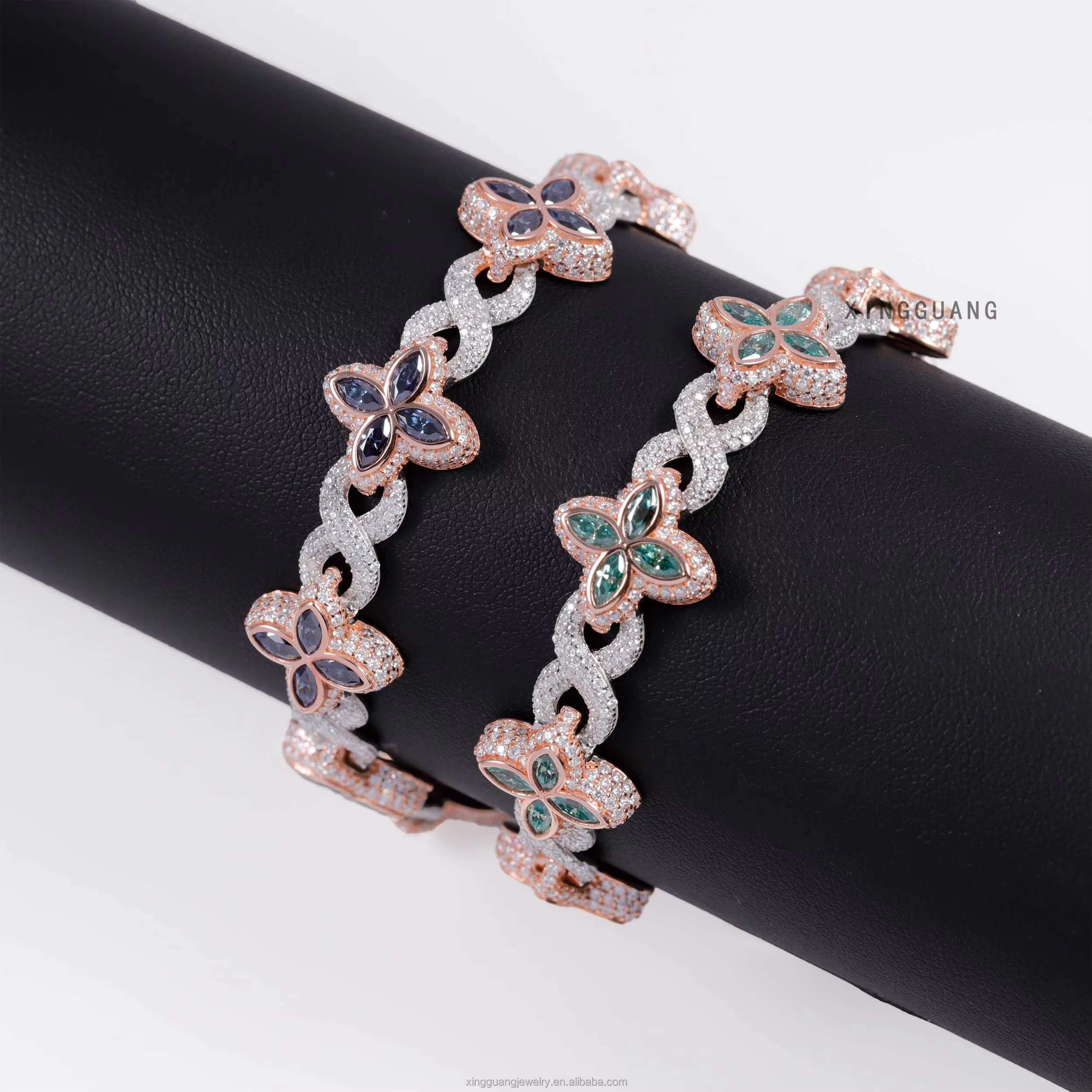 New Fashion Four Leaf Clover Bracelet 925 Sterling Silver Colored Marquise Moissanite Infinity Link Clover Cuban Bracelet