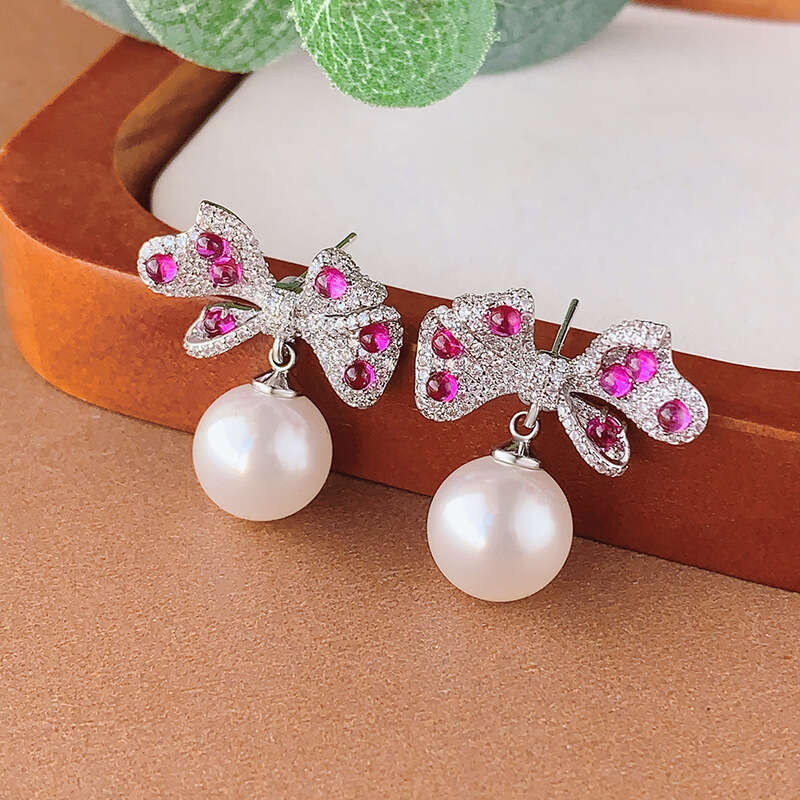 New Pearl Set Necklace Earrings Bowknot Style Jewelry Purple Changing Red Corundum Light Women 4Db