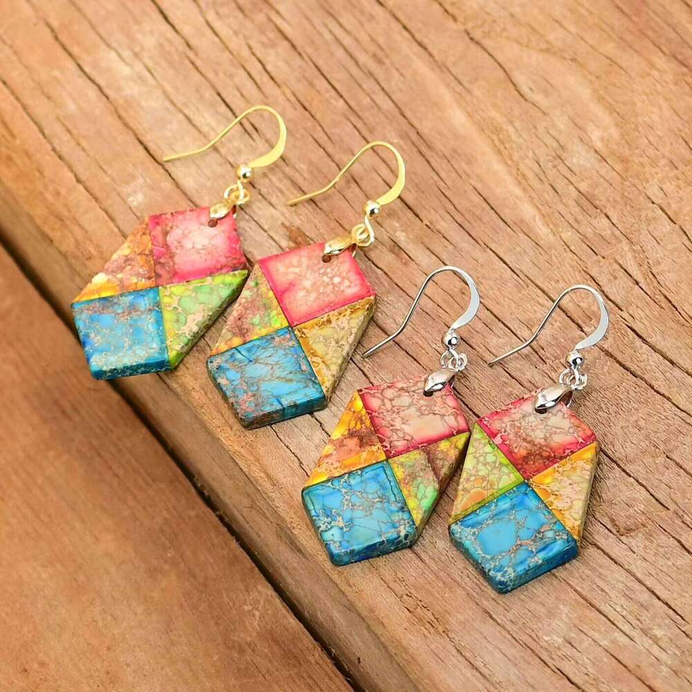 Hexagonal Natural Jasper Hanging Bohemian Charming Mixed Color Stone Earrings