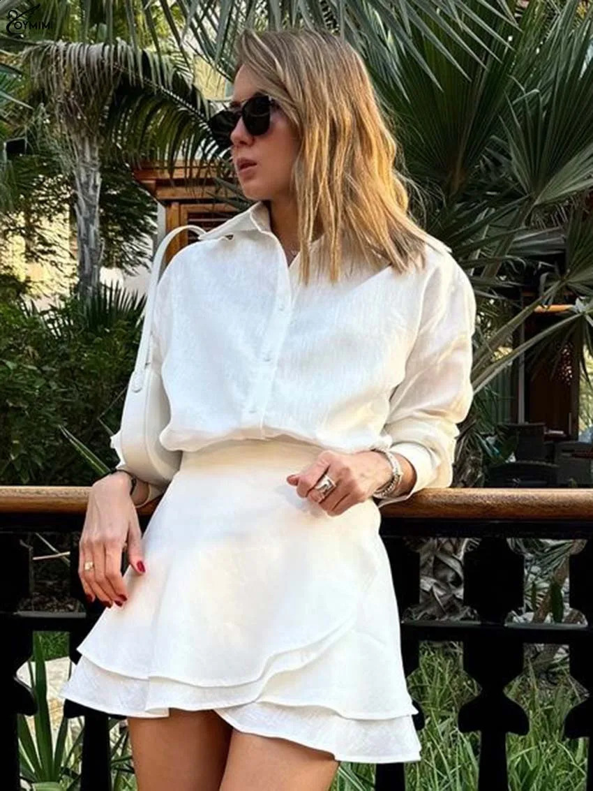 Oymimi Elegant Beige Cotton Two Piece Set For Woman Fashion Long Sleeve Button Shirts And High Waist Lace-Up Mini Skirts Sets 250703