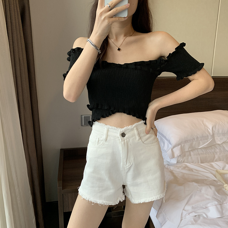 2025 Summer new women's T-shirt pleated short cut top high waist tight V-neck off shoulder cross knit women's new designer T-shirt