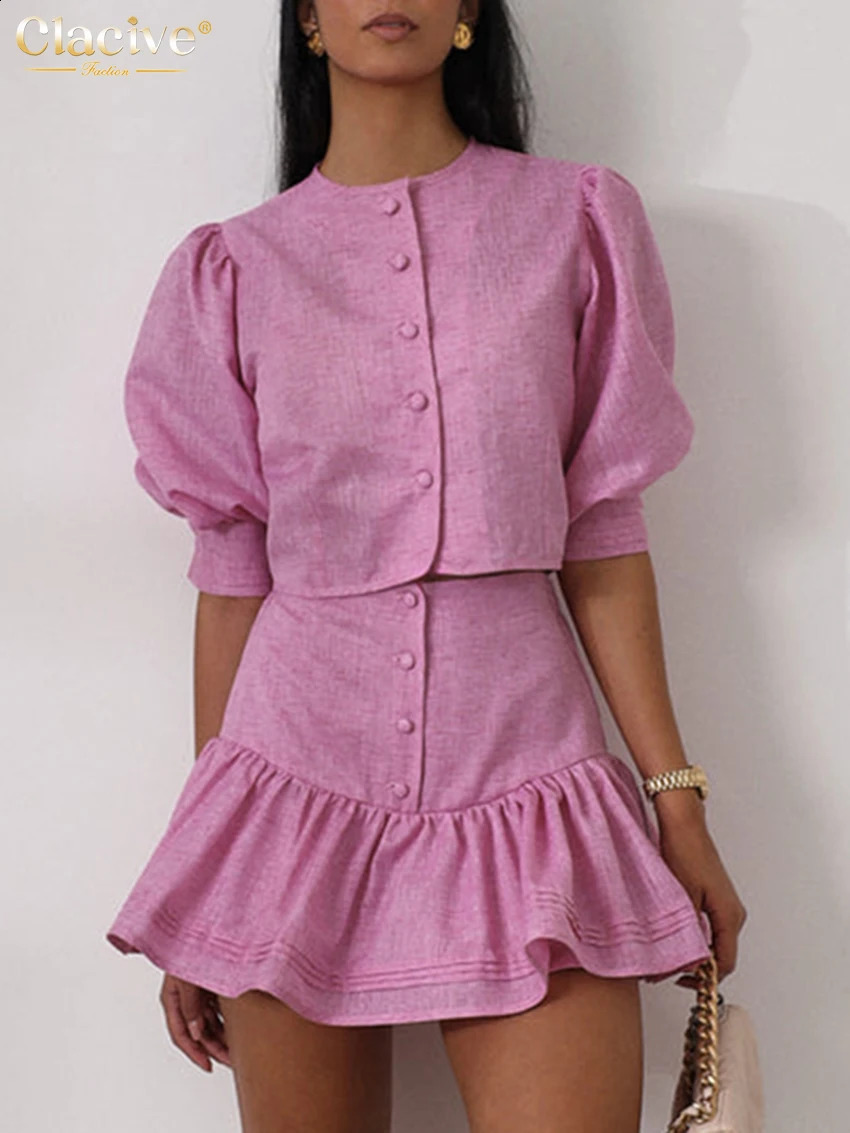 Clacive Fashion Slim Pink Cotton Woman 2 Piece Set Outfit Summer Short Sleeve Crop Top With High Waist Mini Skirt Set Female 250703