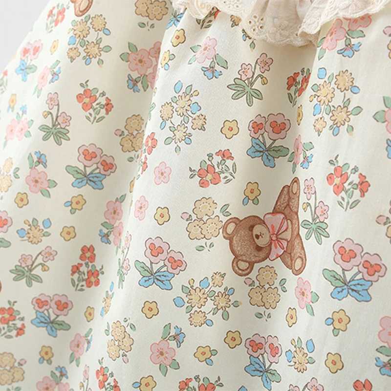 Summer Bear Flower Printed Cotton Dress For Kids Girl With Lace Collar Cartoon Princess Dress For Baby Kids R250707