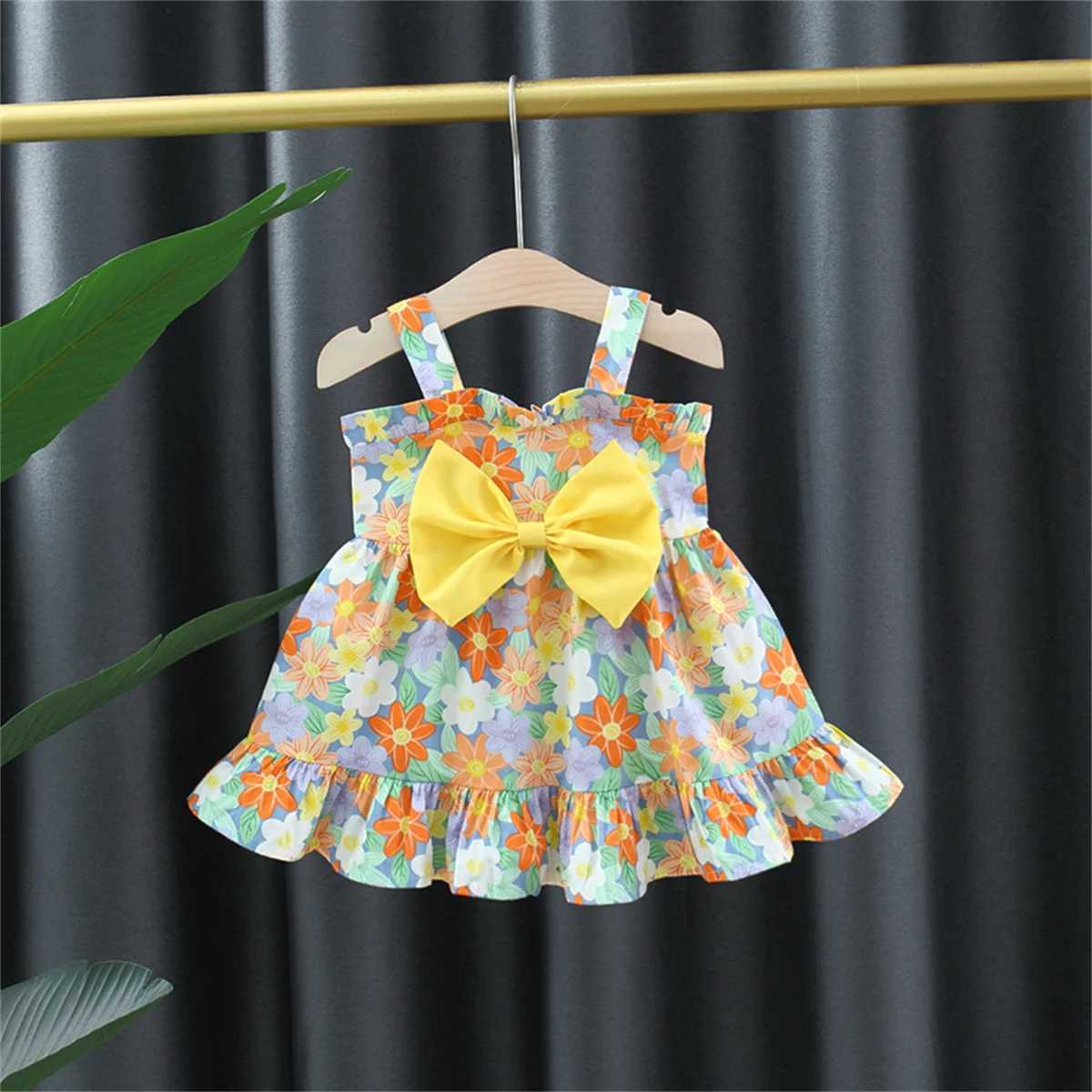 Summer Baby Girls Dress Strawberry Flowers Big Bow Strap Daily Knee Length Dress R250707