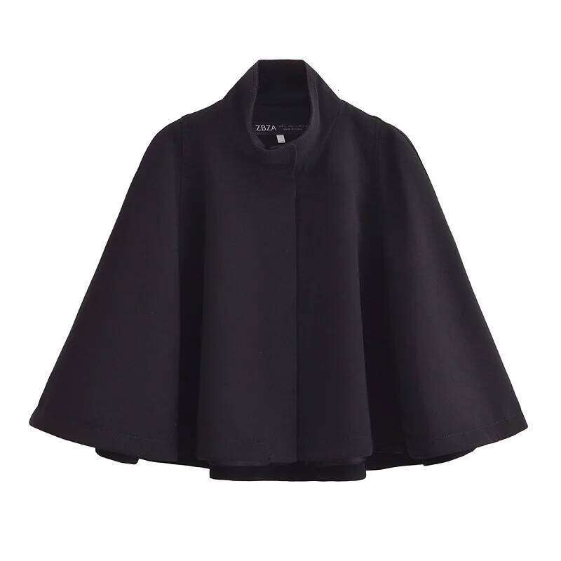 TRAF Black Cropped Cape Women's Autumn Winter Oversized Long Sleeve Short Cloak Outerwear Fashion Casual Elegant Coat