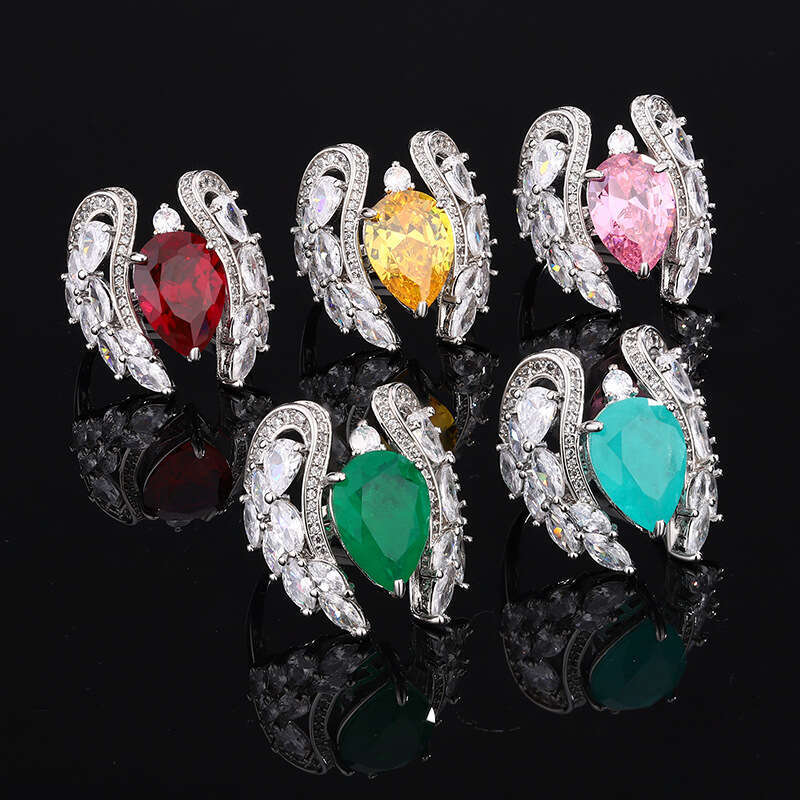 Huayoumei Jewelry Live Simulation Red Ring Fashion Pink Zircon Emerald Pear Shape 10X14 A39