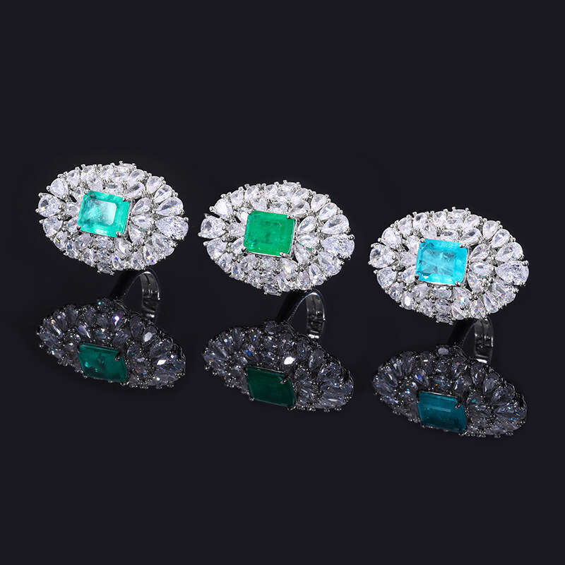 Luxurious Ring Aquamarine Zircon For Women, Copper Base With Gold Plating And Emerald Inlay 501