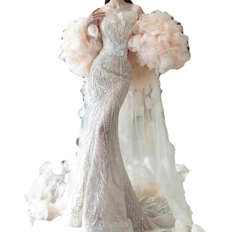 Gorgeous Strapless Customized Evening Dresses Elegant Sequined Lace Prom Dress Floor Length Party Gown with Ruffle Train