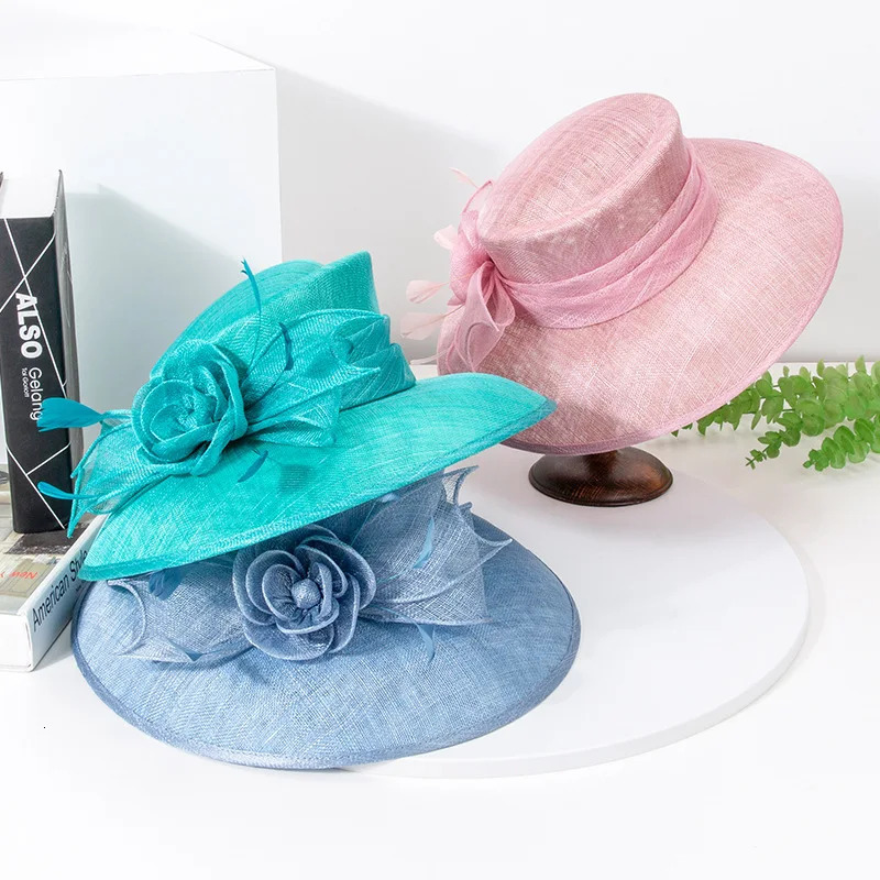 y Blue Sinamay Church Hat For Women Elegant Feather Wedding Bridal Bowler Hats Cocktail Party Derby Cap Chapeau Femme 250707