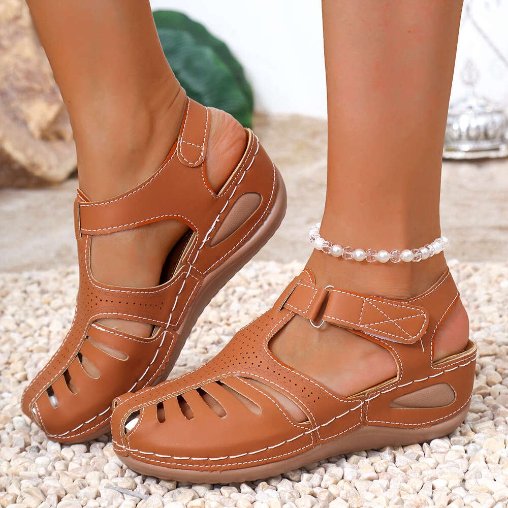 New 2025 Summer for Women, Large Size Stitched Wedge Closed Toe Thick Sole Sandals