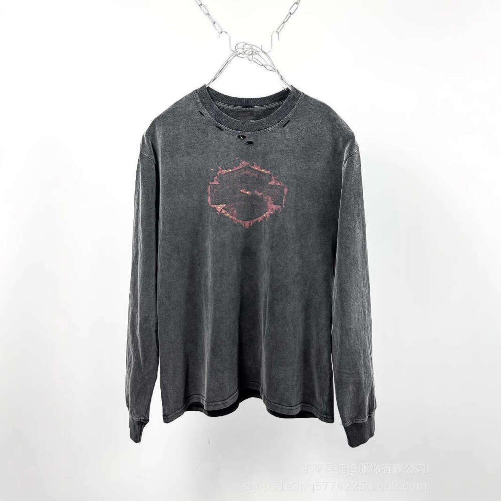 Autumn Winter New Washed Vintage Letter Print High Street Unisex Crew Neck Long Sleeve T-Shirt Trendy
