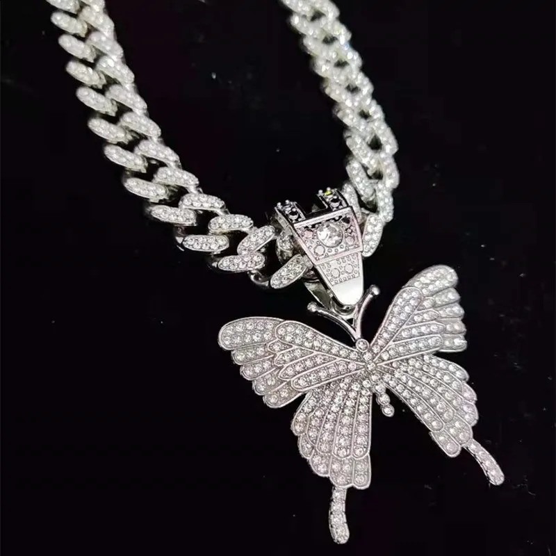 Men Women Hip Hop Iced Out Bling Butterfly Pendant Necklace with 13mm Miami Cuban Chain HipHop Necklaces Fashion Charm Jewelry 250707