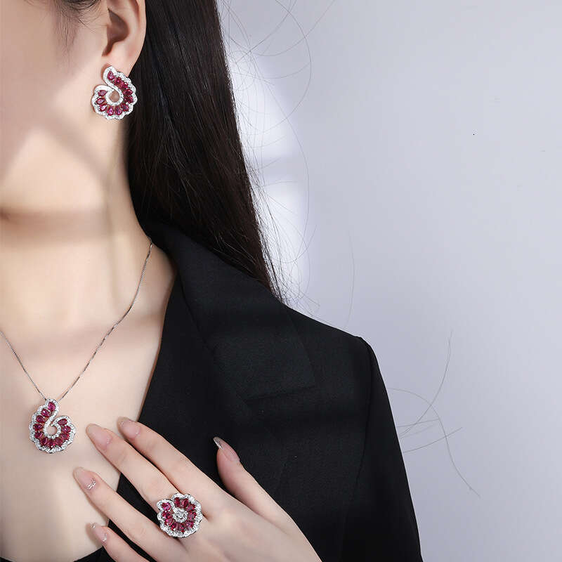 Douyin Live S Sier Needle Imitation Blood Red Corundum Jewelry Earrings Ring Pendant Set For Women 9Ec