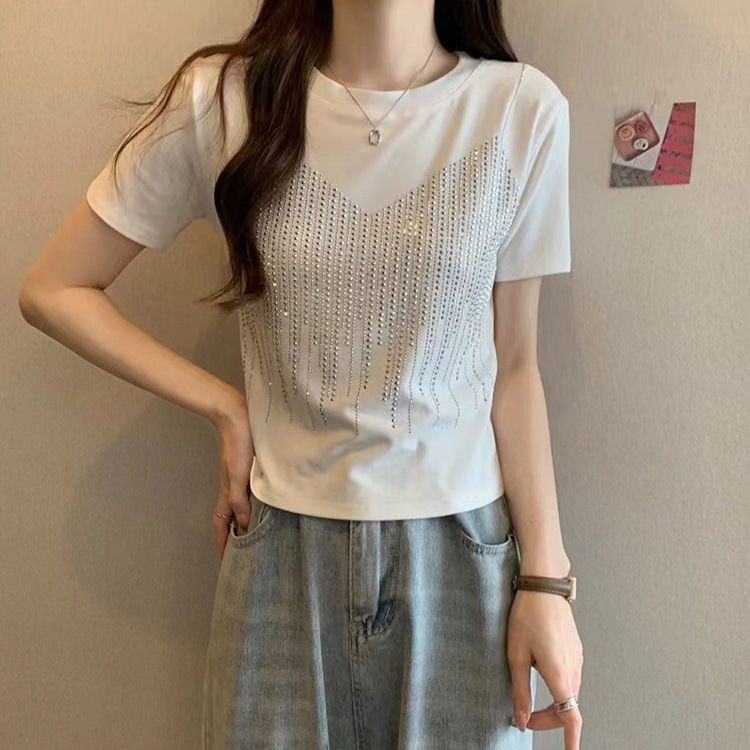 2025 Summer New Women's T-shirt Embroidered Diamond Anti Strap Short Sleeve Women's T-shirt Summer New Large Round Neck New Designer T-shirt