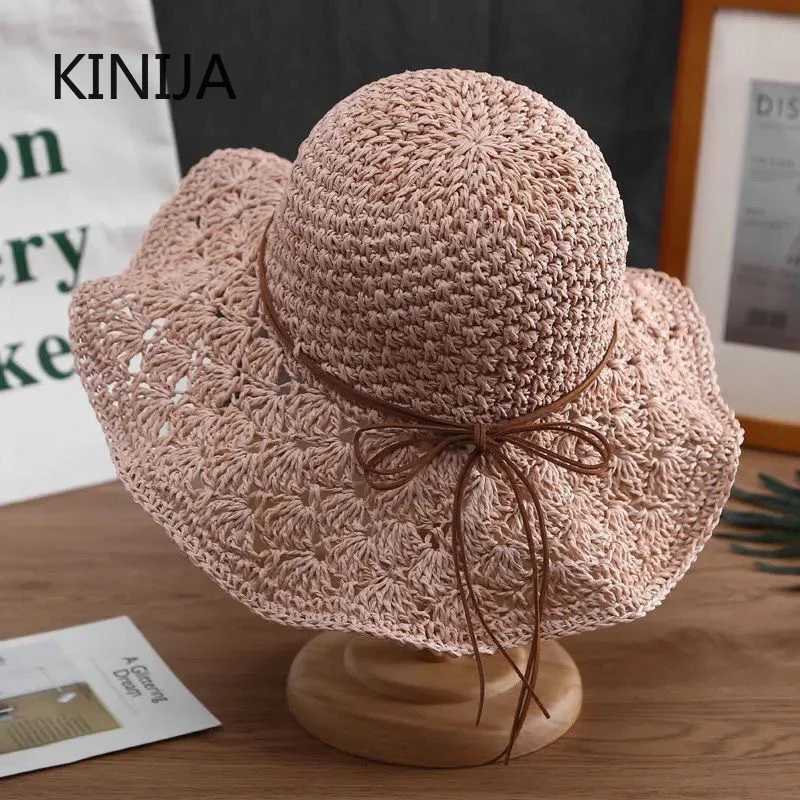 Holiday Beach Fisherman Hat Seaside Sun Protection Sun Hat Large Brim Bow Woven Straw Hat Women Panama Chapeau Koren Y250707