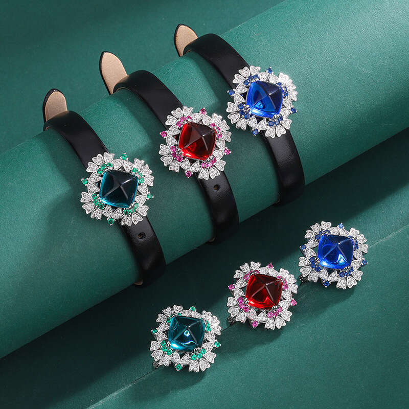 Huayoumei Sugar Tower Blue Wrist Red Bracelet Light Colorful Zircon Ring For Women 93F