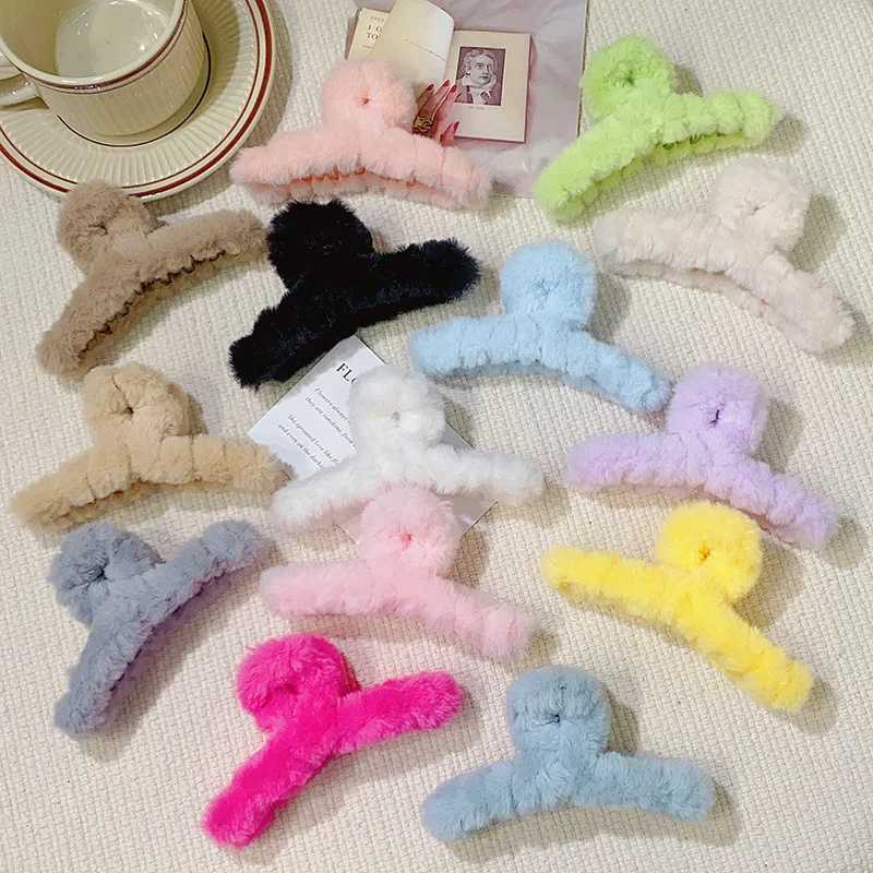 Winter New Colorful Fluffy Cross Hair Claw For Women Girls Sweet Hair Decoration Headband Hair Claw Clip Fashion Hair Accessories Y250707