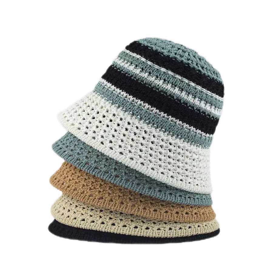 Spring Summer Straw Sun Hat for Women Hollow Colorful Striped Bucket Hat Outdoor Fisherman Hat Beach Travel Panama Caps Mom Gift Y250707