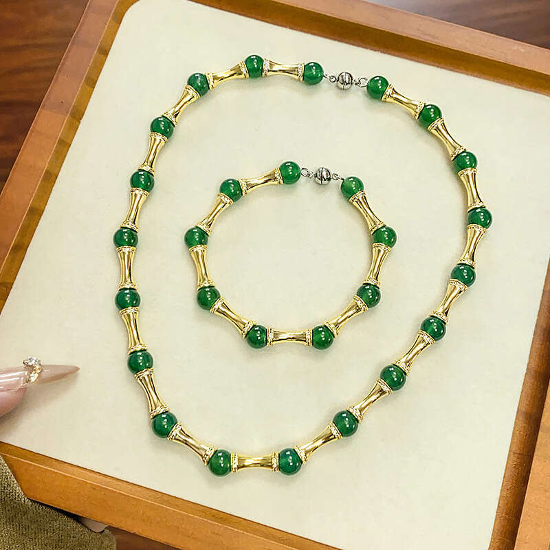 Chinese Style New Jewelry Set Bracelet Clavicle Chain Imitation Natural Green Chalcedony Beads High-End Women 3Fe