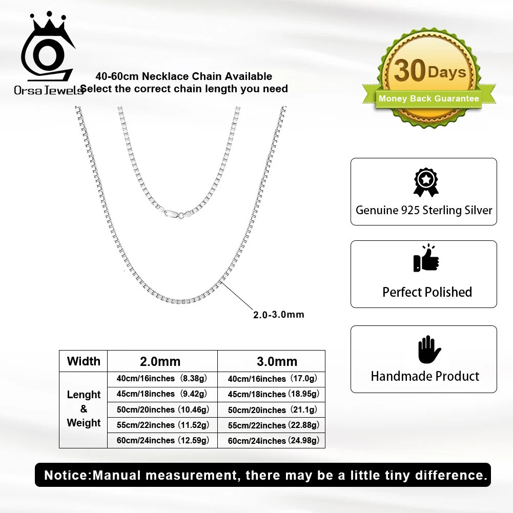 ORSA JEWELS Italian 100% 925 Sterling Silver 1mm 2mm m Box Chain Necklace Silver Color Box Link Chain Choker Necklaces SC32 250702
