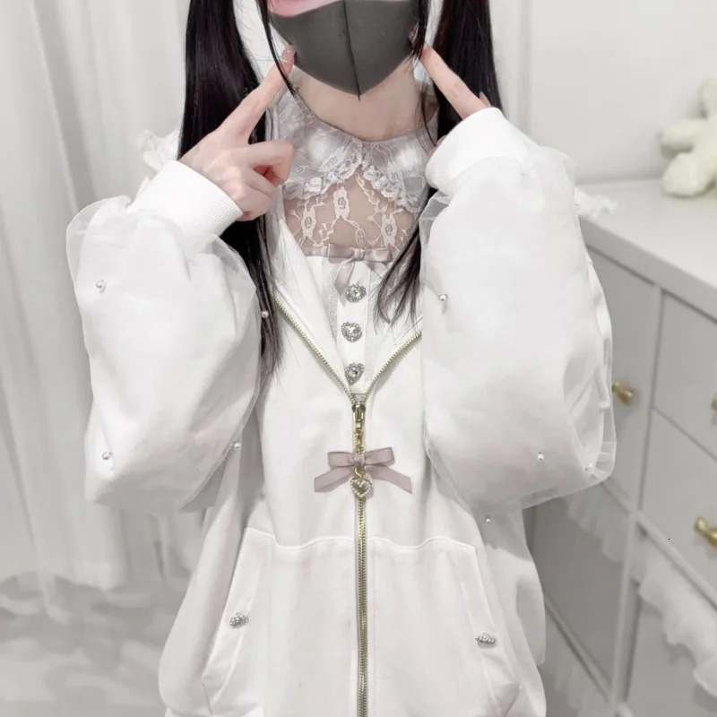 Bunny Hoodie Hoodies Y2K Rabbit Ear Hoodie Lolita Jacket Bow Girls Pearl JK Japan Lace Kawaii Zipper Cardigan Long Sleeved Top 250708