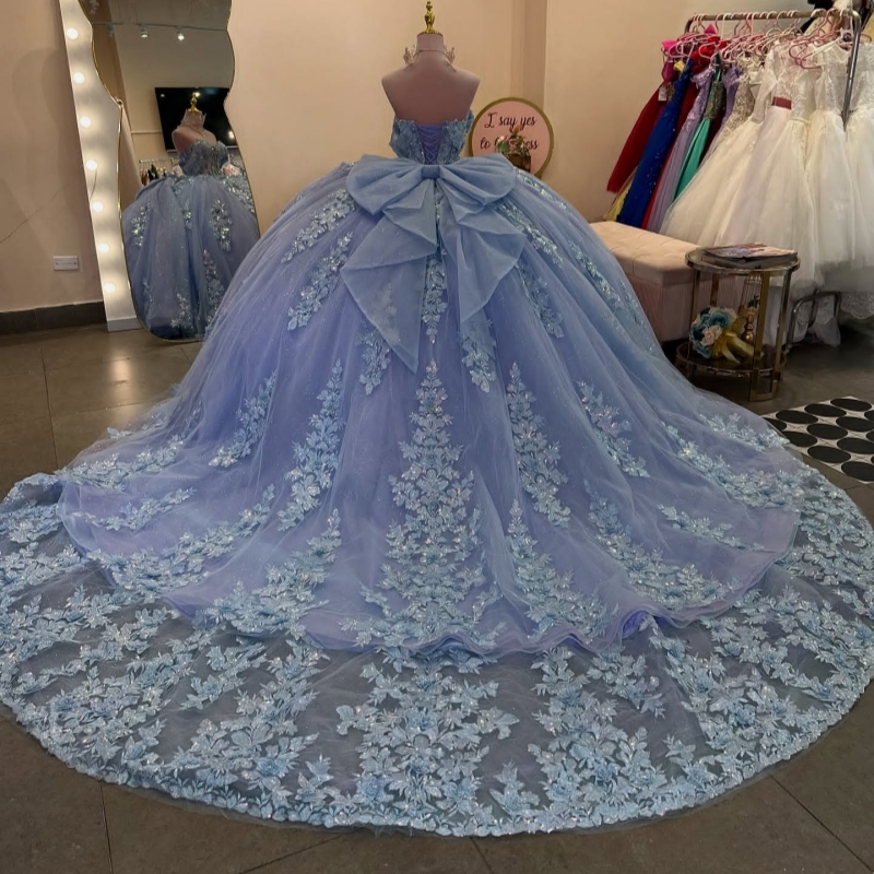 Blue Shiny Quinceanera Dresses Ball Gown Off The Shoulder Applique Lace Beading Crystal Tull Corset Party Birthday Sweet 16 Dress Vestidos 15 Anos