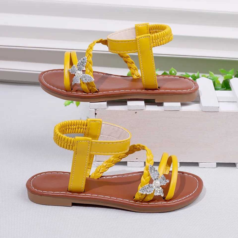 Diamond Bow Childrens Sandals Comfortable and Cute Princess Shoes White and Yellow Woven Design for Girls Shoes z250708B6RV