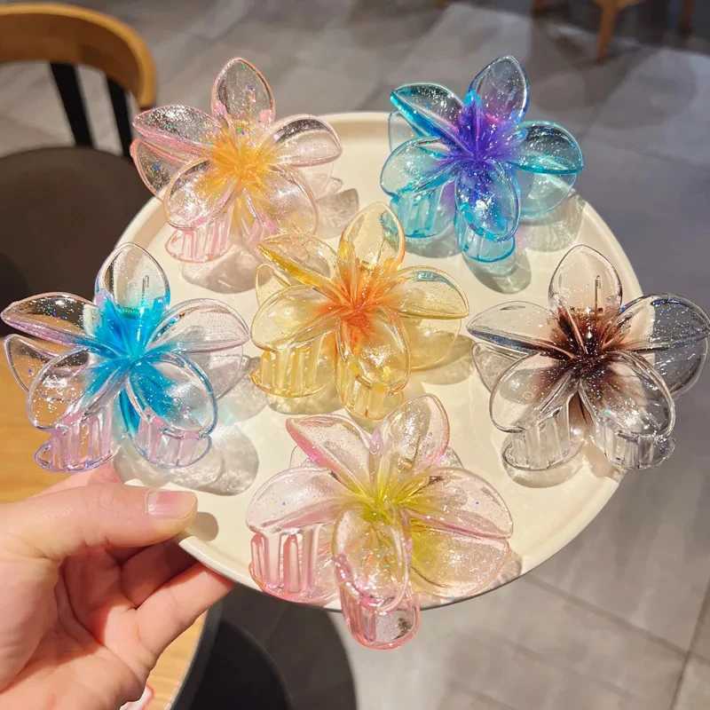 New Fashion Sparkling Flower Claw Clip for Women Transparent Sweet Ponytail Shark Clip Versatile Girl Hair Accessories Y250707