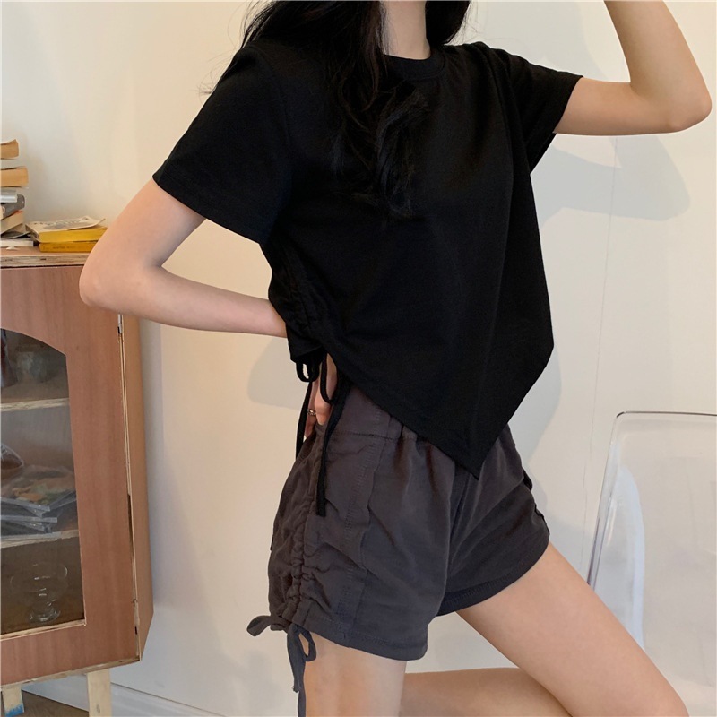 2025 Summer new women's T-shirt irregular drawstring short sleeved women's T-shirt summer Korean style spicy girl top new designer T-shirt