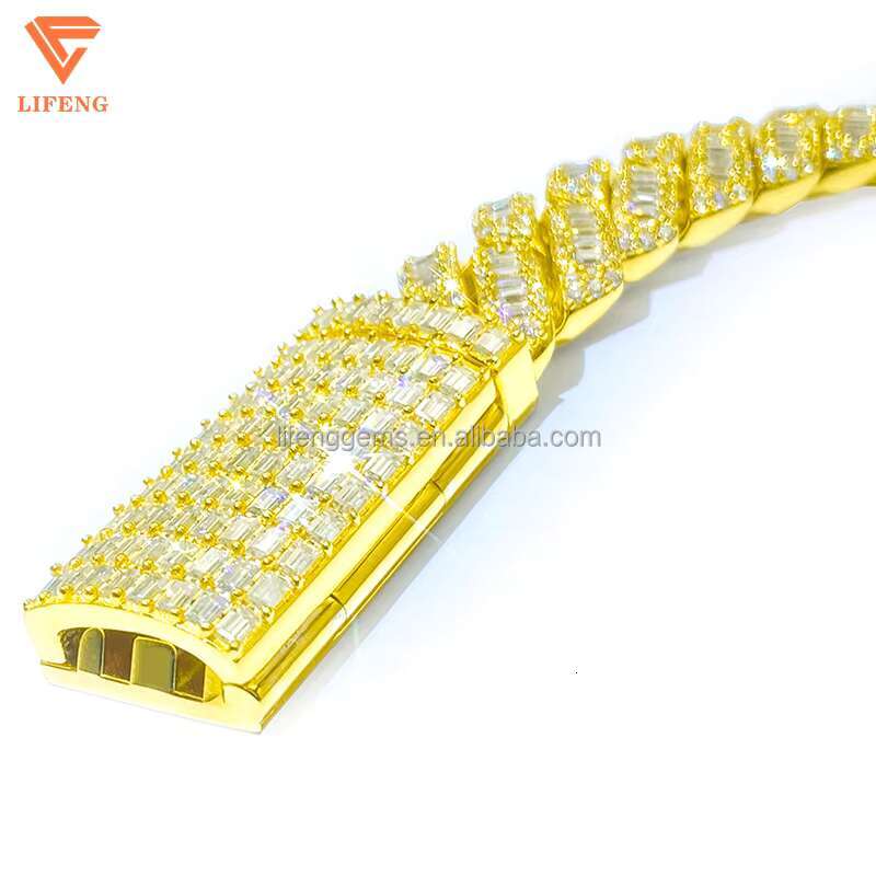 Lifeng Jewelry 18K Gold Plated Moissanite Cuban Link Chain Necklace Hip Hop Style Iced Diamond Miami Baguette Silver Cuban Chain