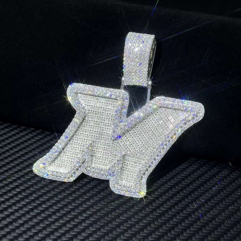 Custom Iced Out Letter M Pendant 925 Silver Baguette Initial VVS Moissanite Diamond Pendant Link Chain Hip Hop Fine Jewelry