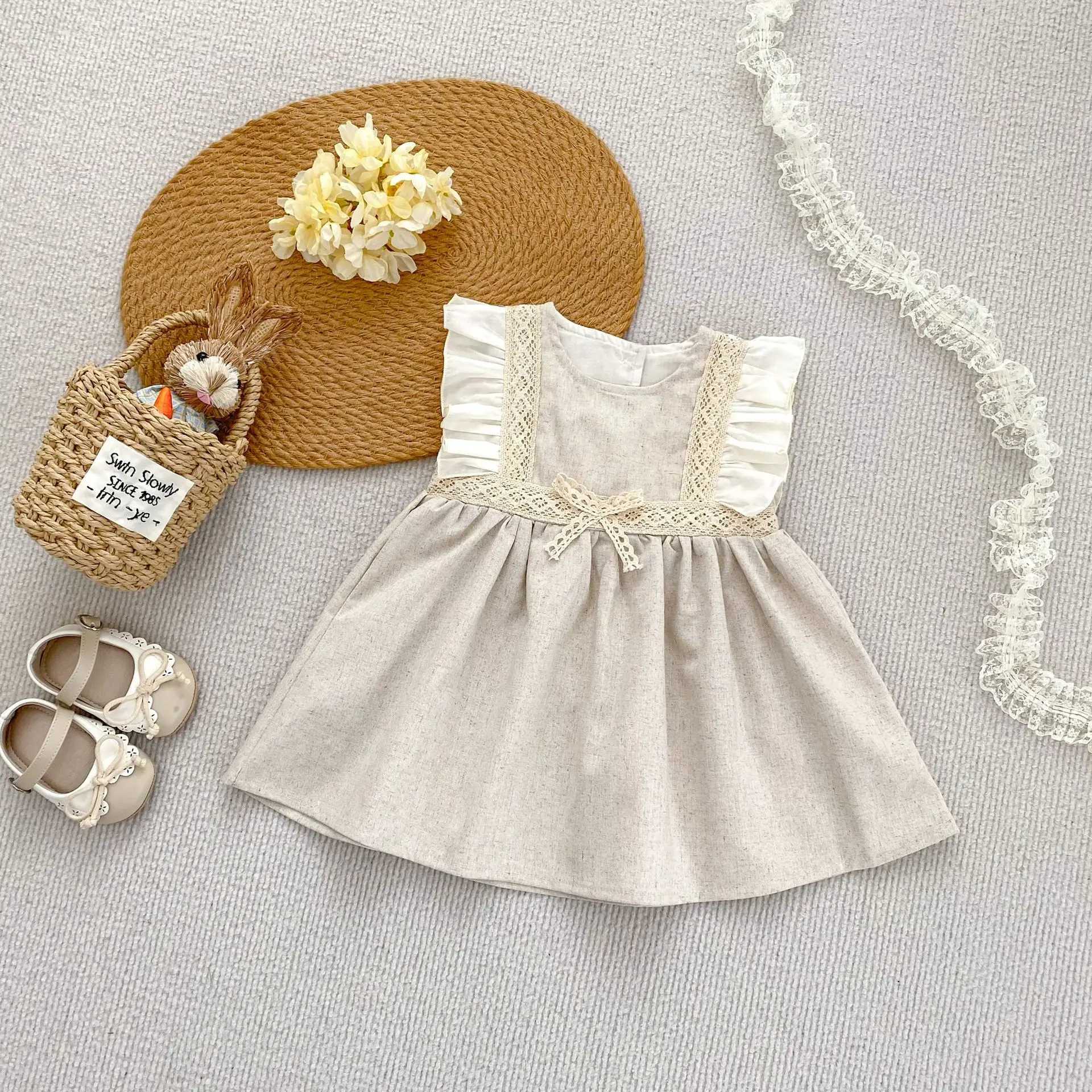 0-3 years old baby clothing baby girl contrasting color flying sleeve dress sweet princess dress R250707