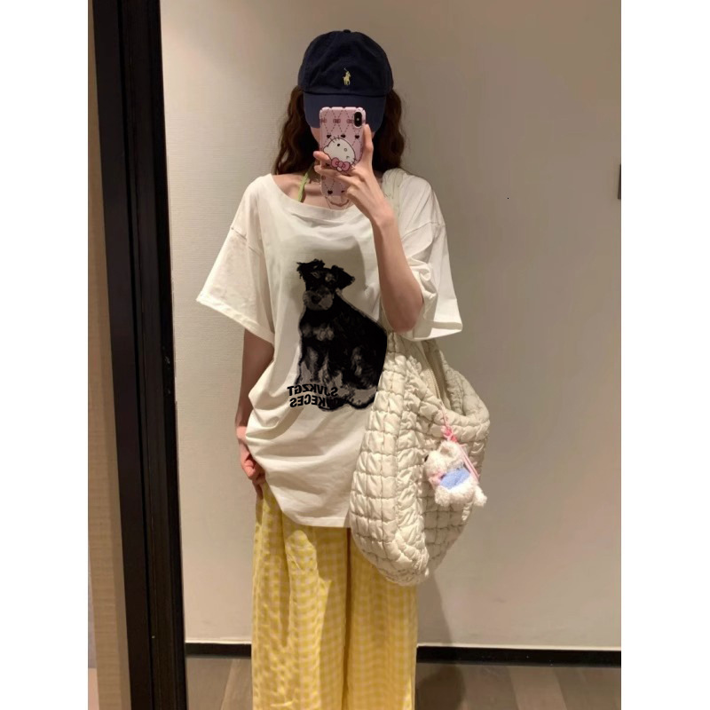 2025 Summer New Women's S T-shirt Summer Spicy Girl Dog Print Asymmetric Fashion Women's T-shirt Lazy Style Wide Truffle Shoulder Top New De