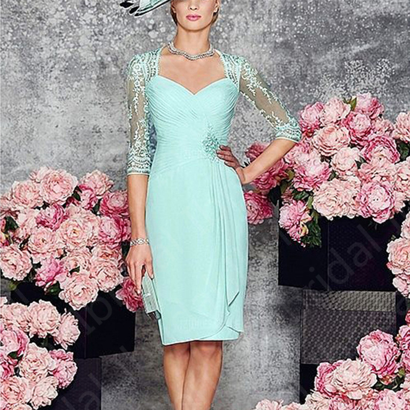 Classic Two Pieces Sky Blue Mother of the Bride Dresses Lace Mother Gowns with Jacket Wedding Party Gowns Knee Length