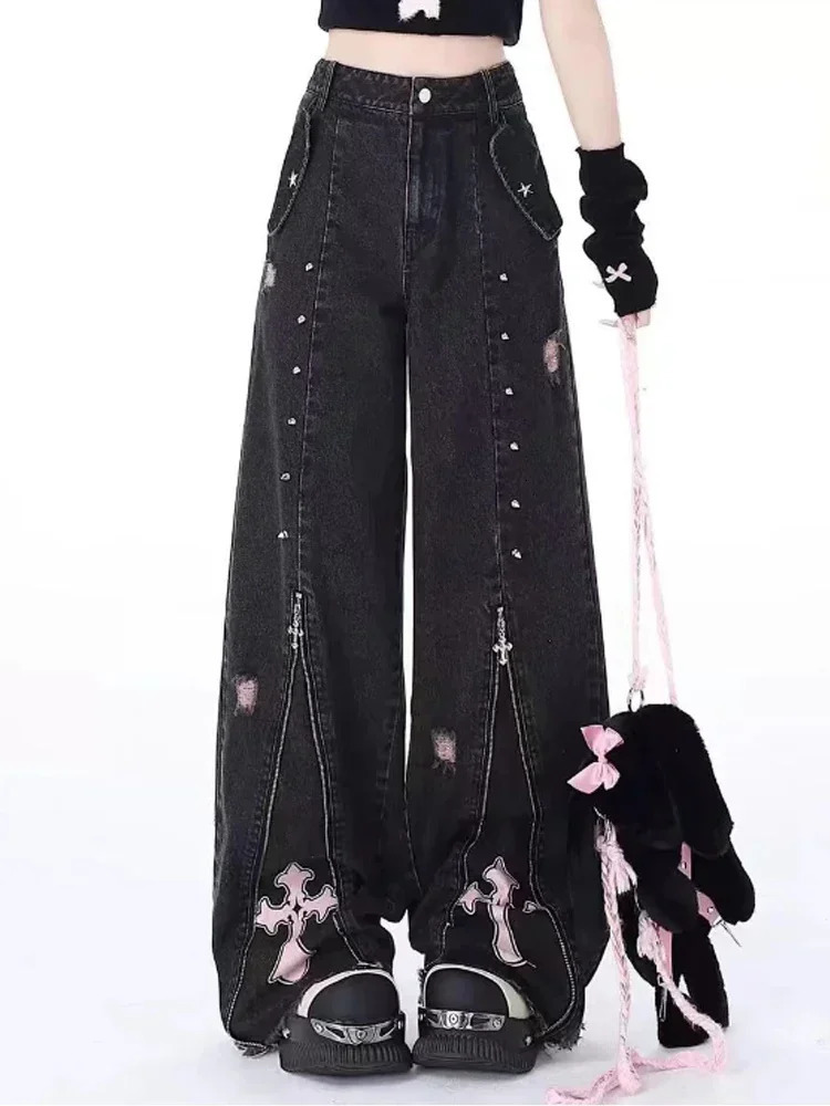 Women Clothing Black Gothic Jeans Pink Cross Y2k Oversize Loose Aesthetic Denim Trousers Harajuku Korean 2000s Jean Trashy Pants 250707