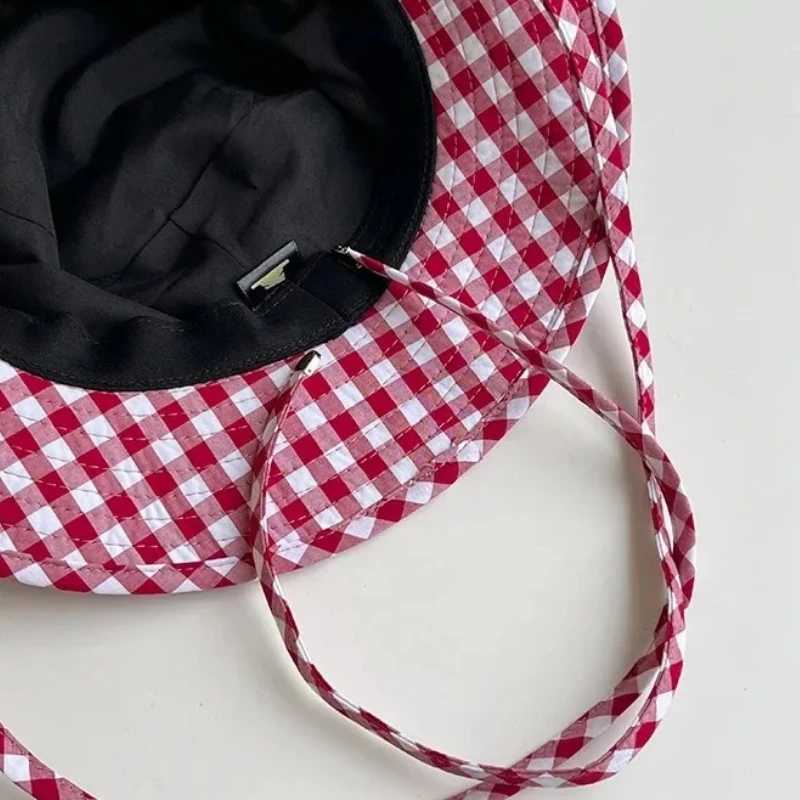 Vintage Plaid Bucket Hats Women Versatile Sweet Lace-up Fishermans Hat Summer Wide Brim Sun Protection UV Protection Sun Hat Y250707