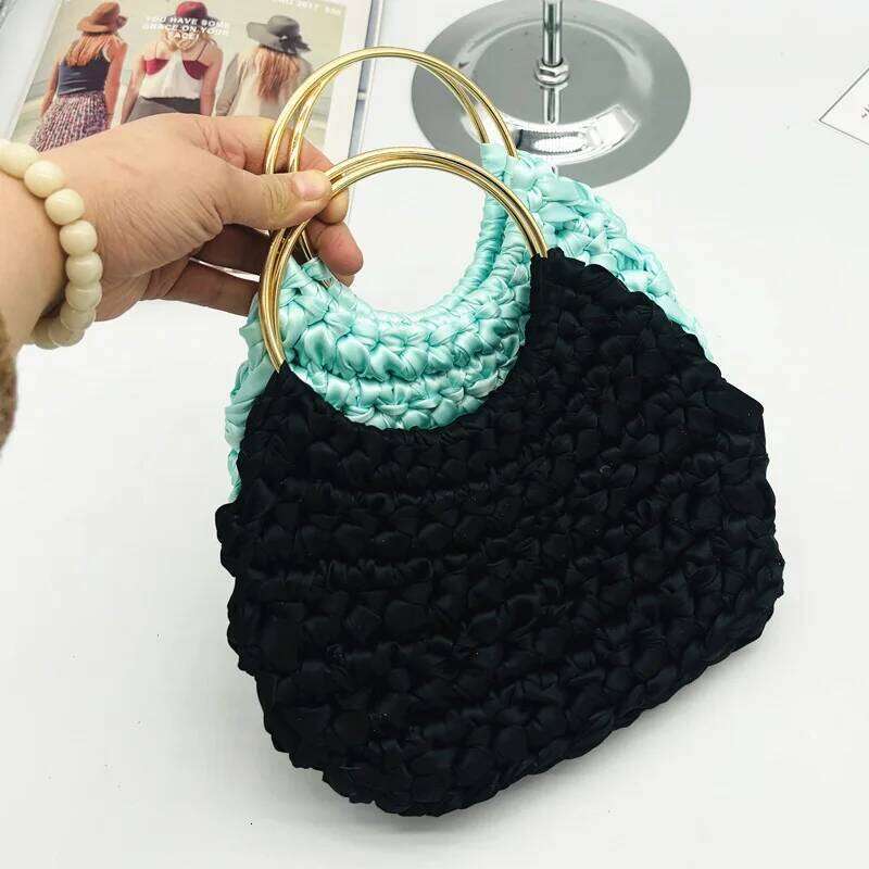 Fashion Nylon Crochet Handbag Metallic Round Handle Clutch Bag Handmade Silk Ribbon Woven Bags For Women Knitting Purses