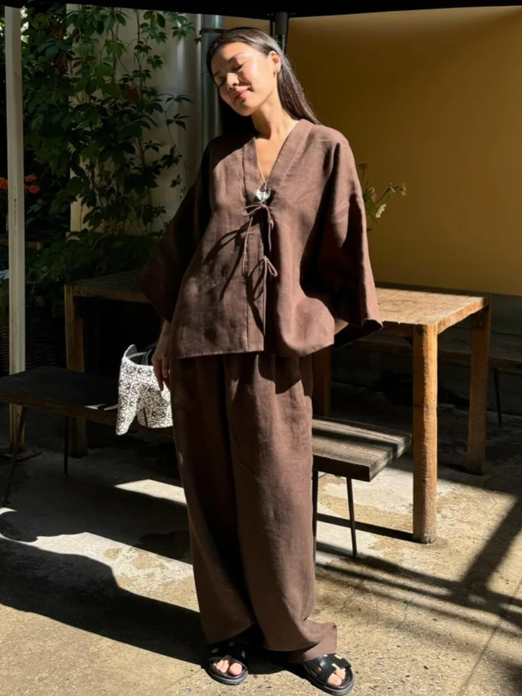 Summer Brown Cotton Linen Loose Pants Sets Fashion V-neck Lace Up Long Sleeve Shirt Suit 2025 Womens Casual 2 Piece Outfits 250703