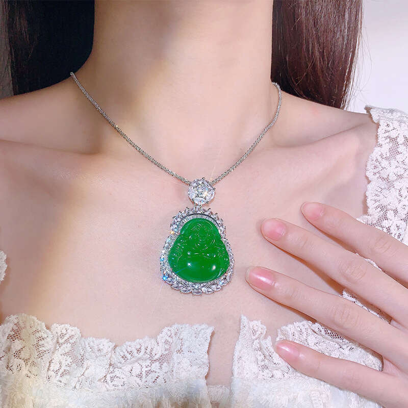 New Chinese National Style Jewelry Green Pendant Peace Gourd Maitreya Buddha Necklace Chalcedony For Women 942