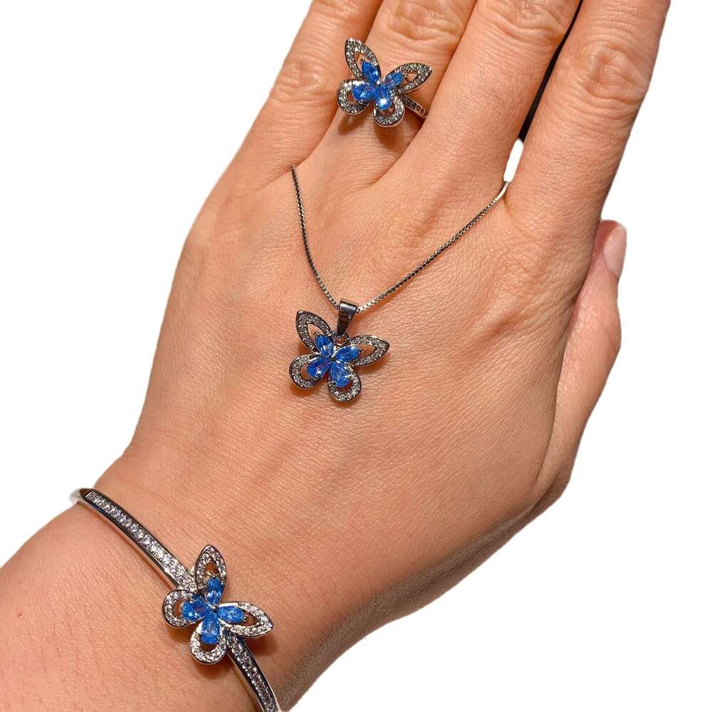 Douyin Live S Sier Needle Sea Blue Dia Butterfly Three-Piece Set Bracelet Necklace Ring Earrings Wedding Jewelry E03